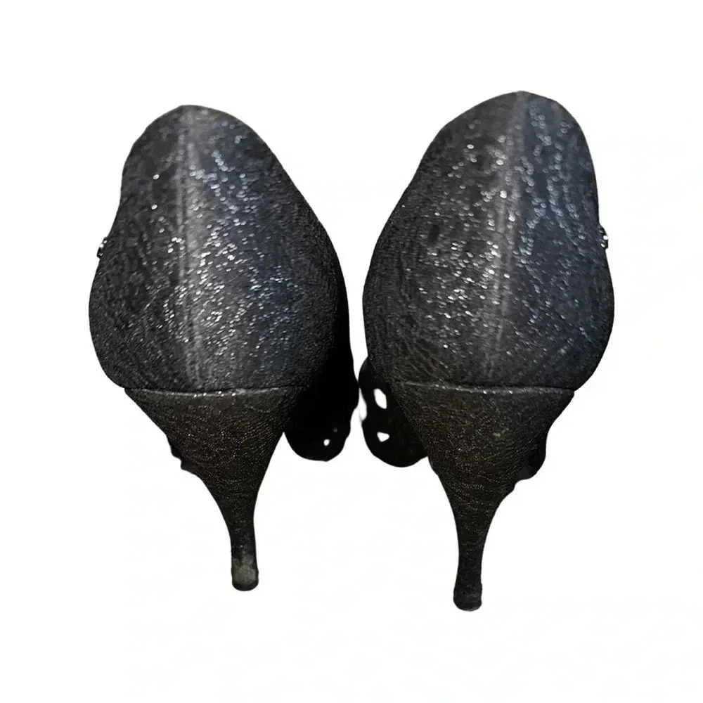 Chanel Black Shimmer Lace Almond Toe Pump Shoes Size 38 - Picture 10 of 10